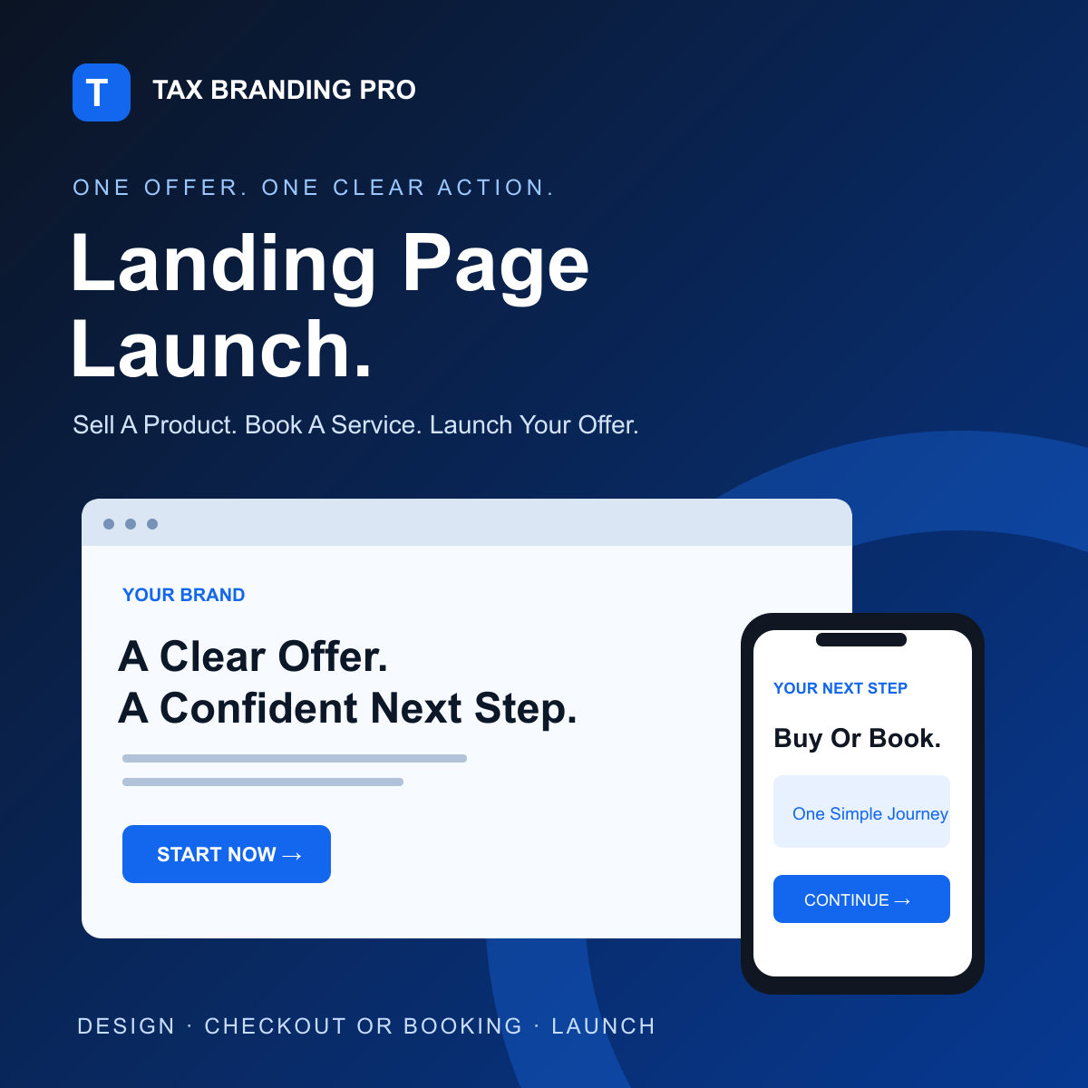 Tax Branding Pro Landing Page Launch package, with a branded website and mobile checkout or booking design.